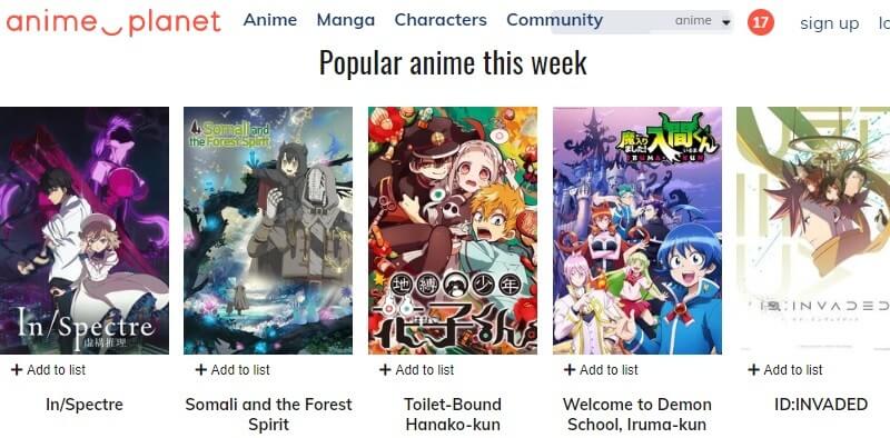 Tampilan website Anime Planet yang menunjukkan judul-judul anime